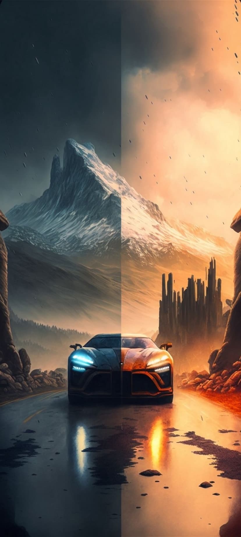 Futuristic sports car bisects a snowy mountain peak and a sunny ancient city skyline on a reflective road.