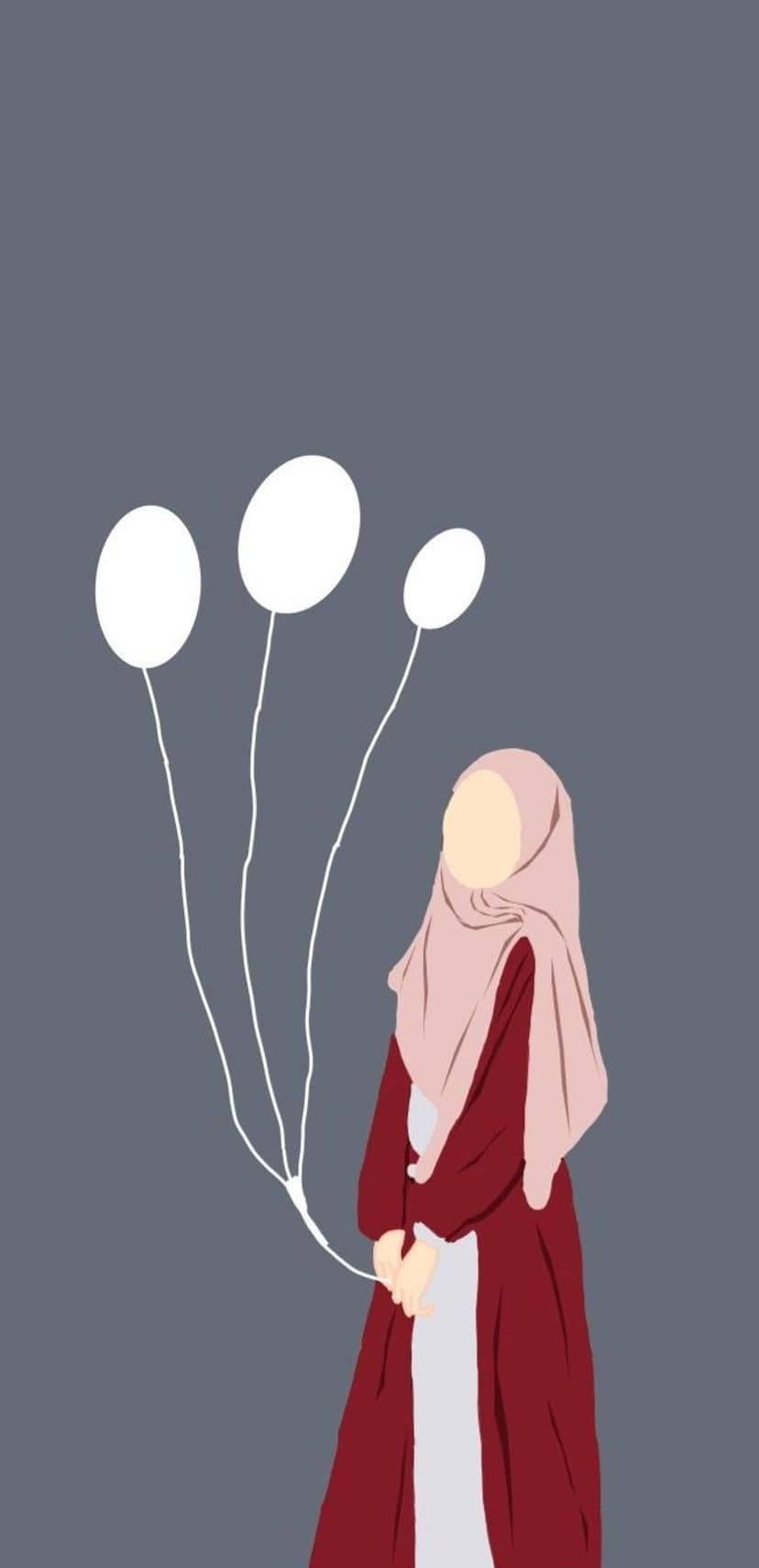 Muslim woman in a maroon abaya holds three white balloons against a solid gray background in a minimalist style.