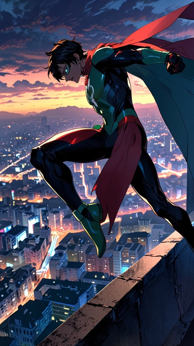 Robin stands on a skyscraper ledge overlooking a sunset city with a flowing red and yellow cape.