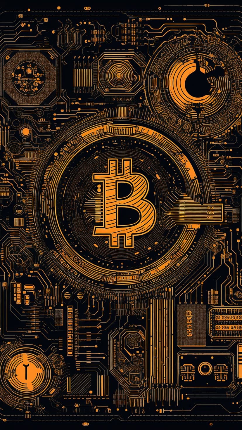 Central Bitcoin logo integrated into a dark electronic circuit board with glowing orange data traces.