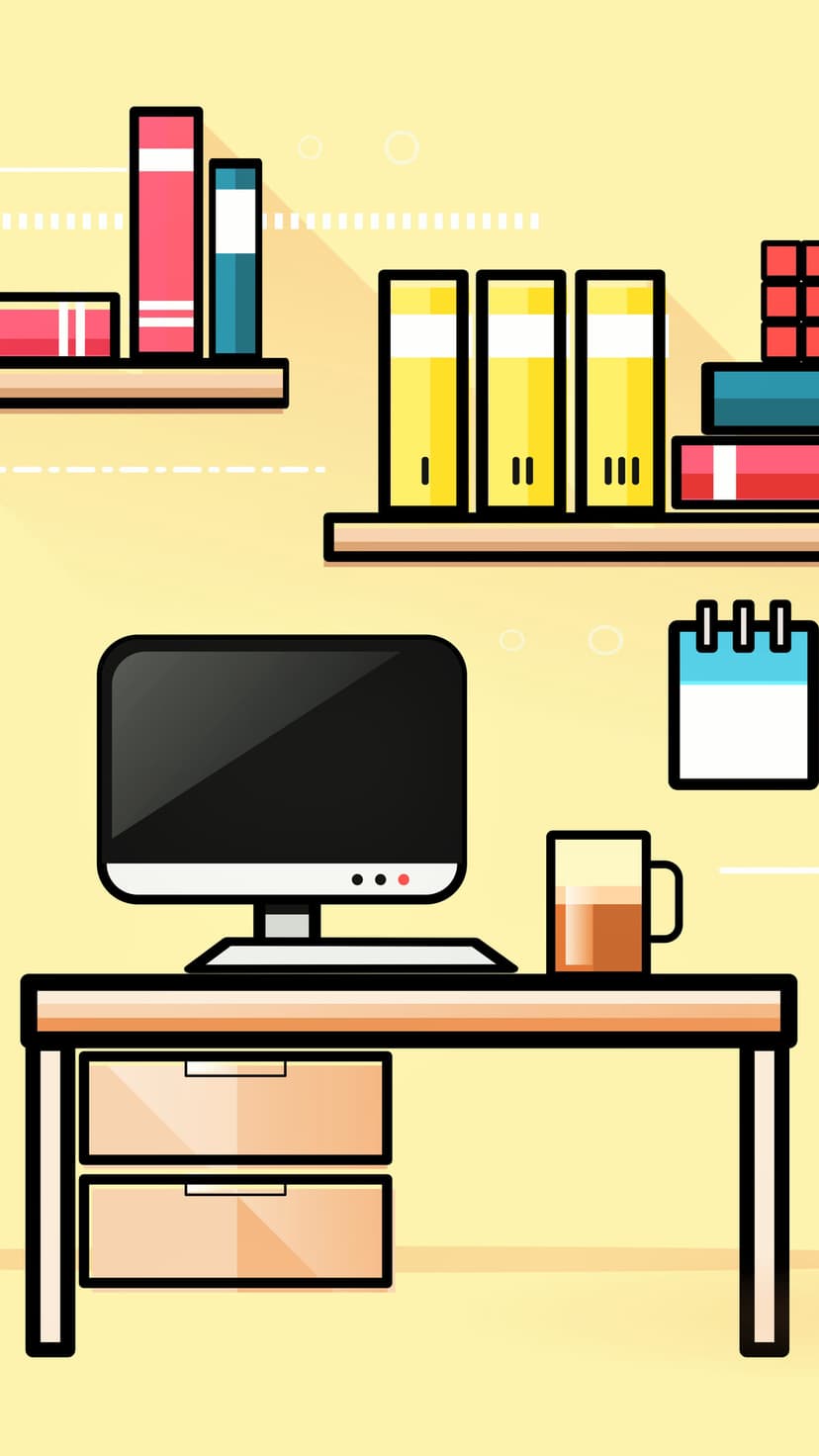 Minimalist desk with a monitor, coffee mug, and colorful bookshelves against a solid warm yellow background.