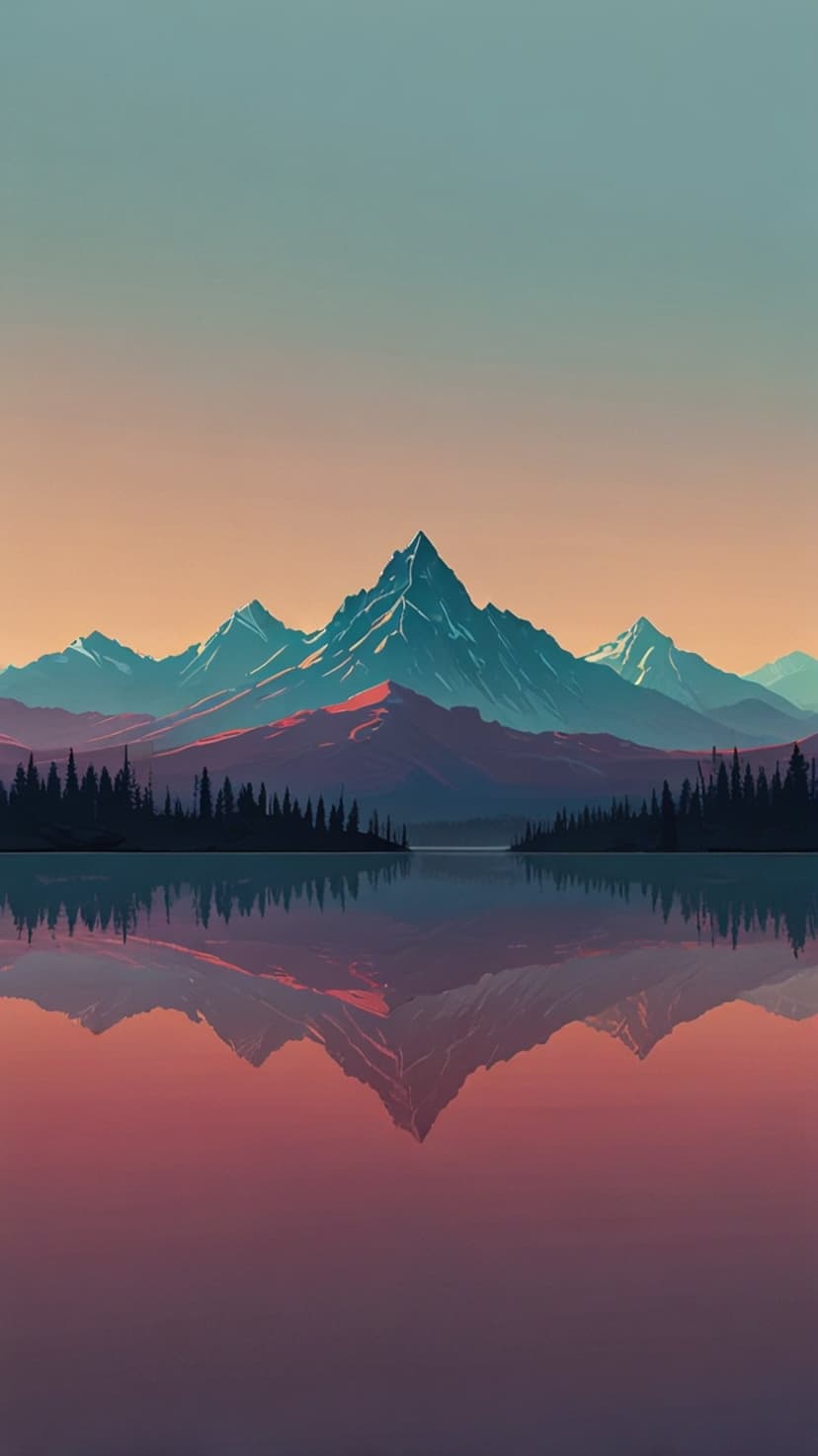 Snow-capped mountains reflect in a calm lake with pine tree silhouettes under a teal and orange sunset sky.