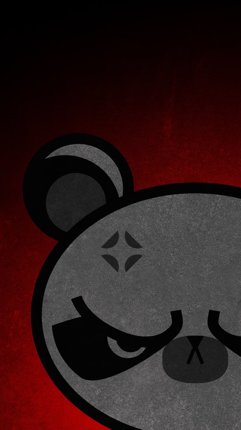 Grumpy panda face with narrow eyes and black outlines over a textured red and dark crimson gradient background.