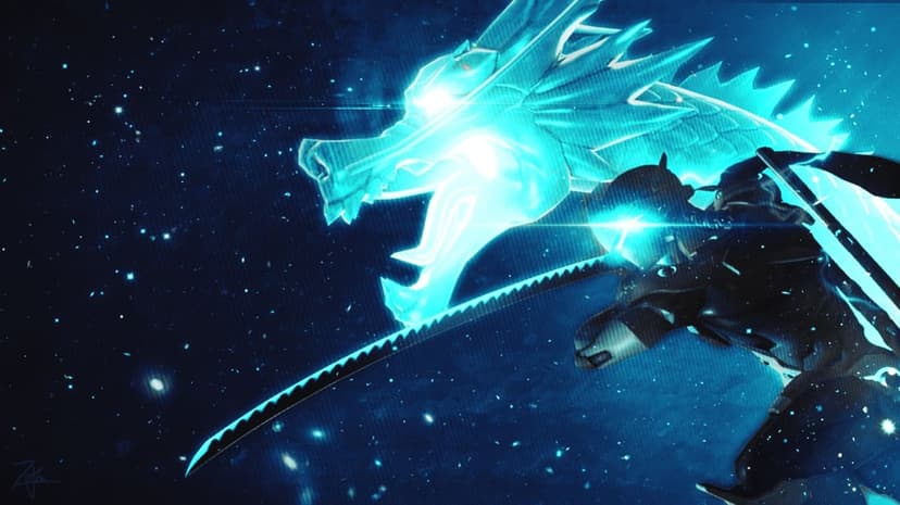 Cybernetic ninja with a katana and a glowing cyan dragon spirit set against a dark starry cosmic background.