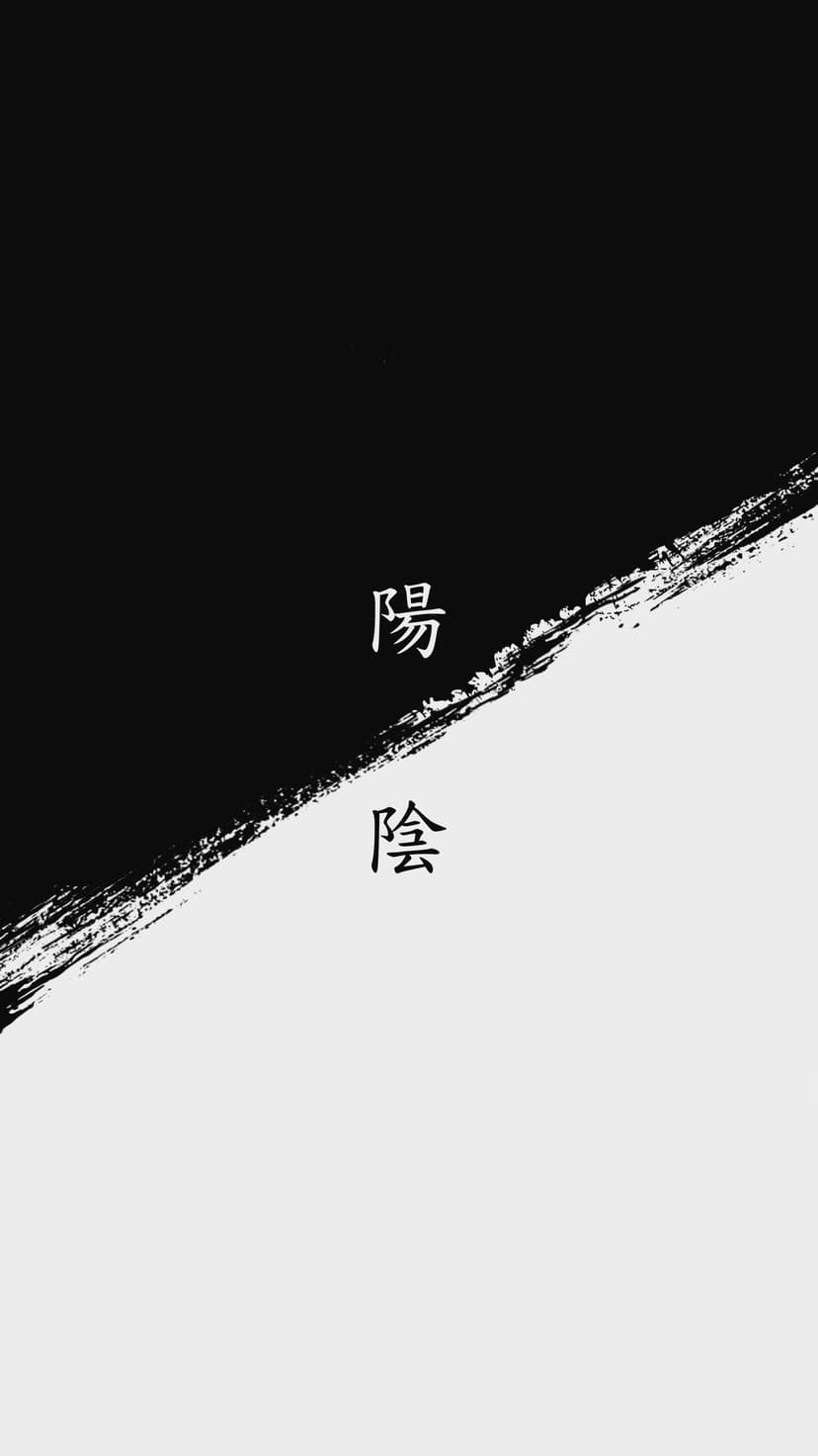 Yin Yang symbol with vertical Chinese calligraphy characters on a textured black and white split background.
