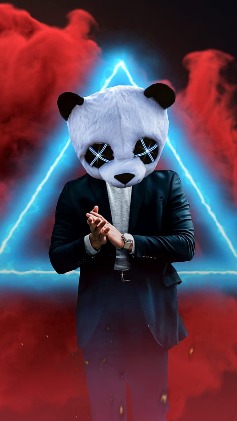Masked figure in a suit with glowing blue X eyes stands before a luminous neon triangle and red smoke clouds.