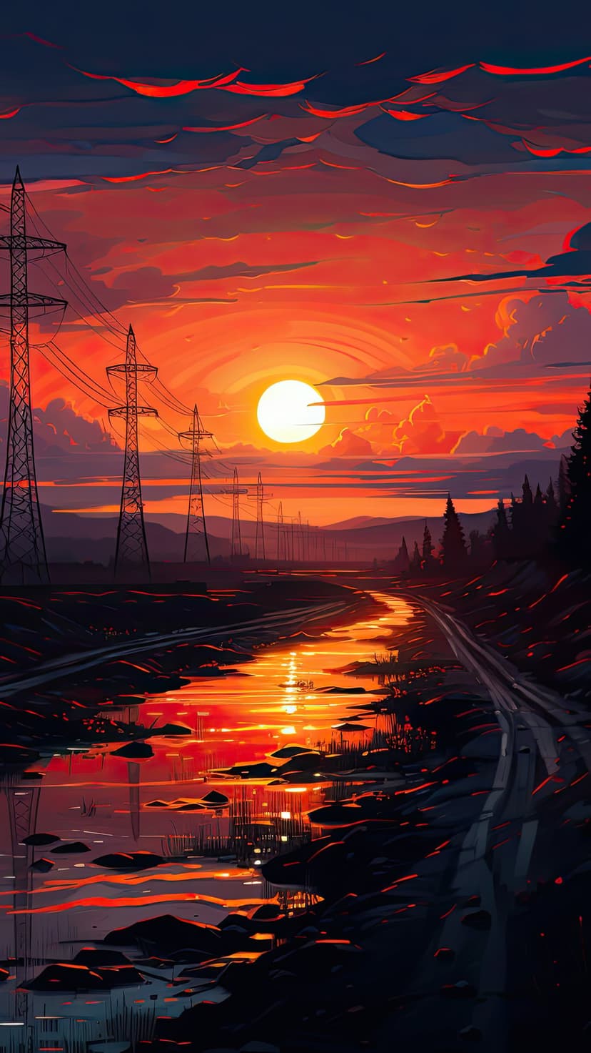 Power lines stand against a burning orange sunset sky reflecting in a winding river during twilight.