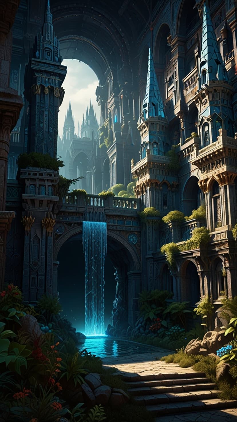 Towering gothic castle with glowing blue waterfalls and flowering gardens spilling into a serene mountain pool.