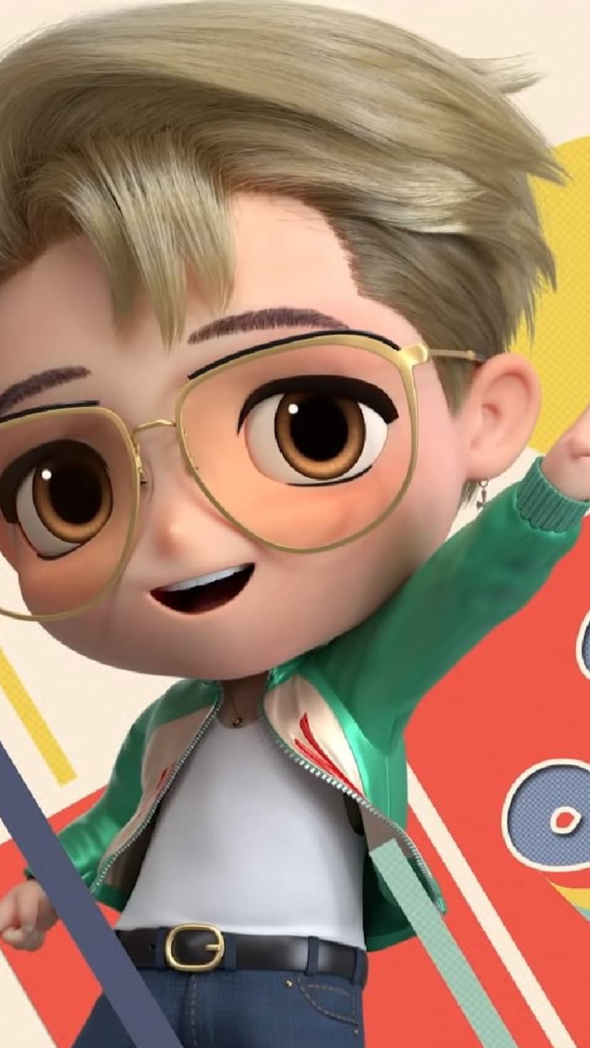 Spiky blond character with gold glasses wears a green jacket over a white tee against an abstract background.