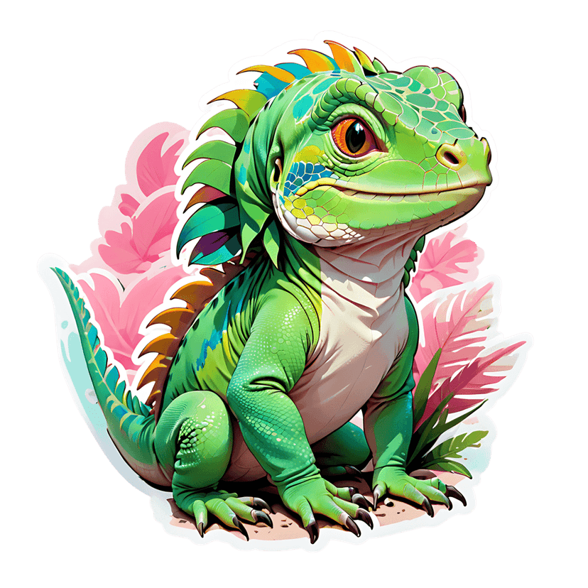 Green iguana sticker profile shows yellow markings on teal scales surrounded by large pink tropical leaves.