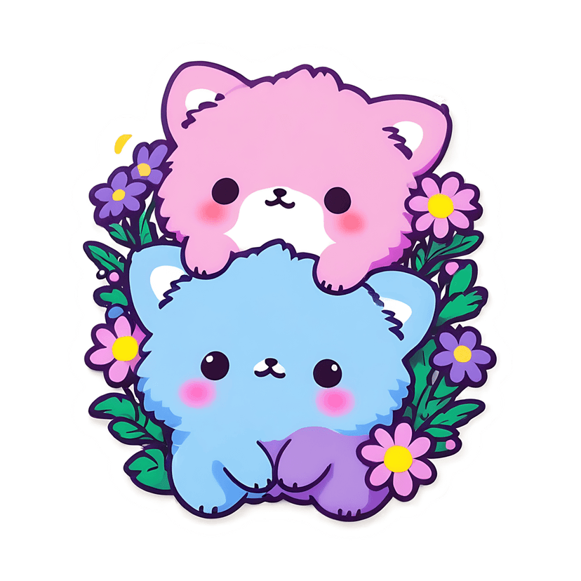 Stacked pink and blue bears inside a floral daisy wreath featuring green leaves and a thick white sticker border.