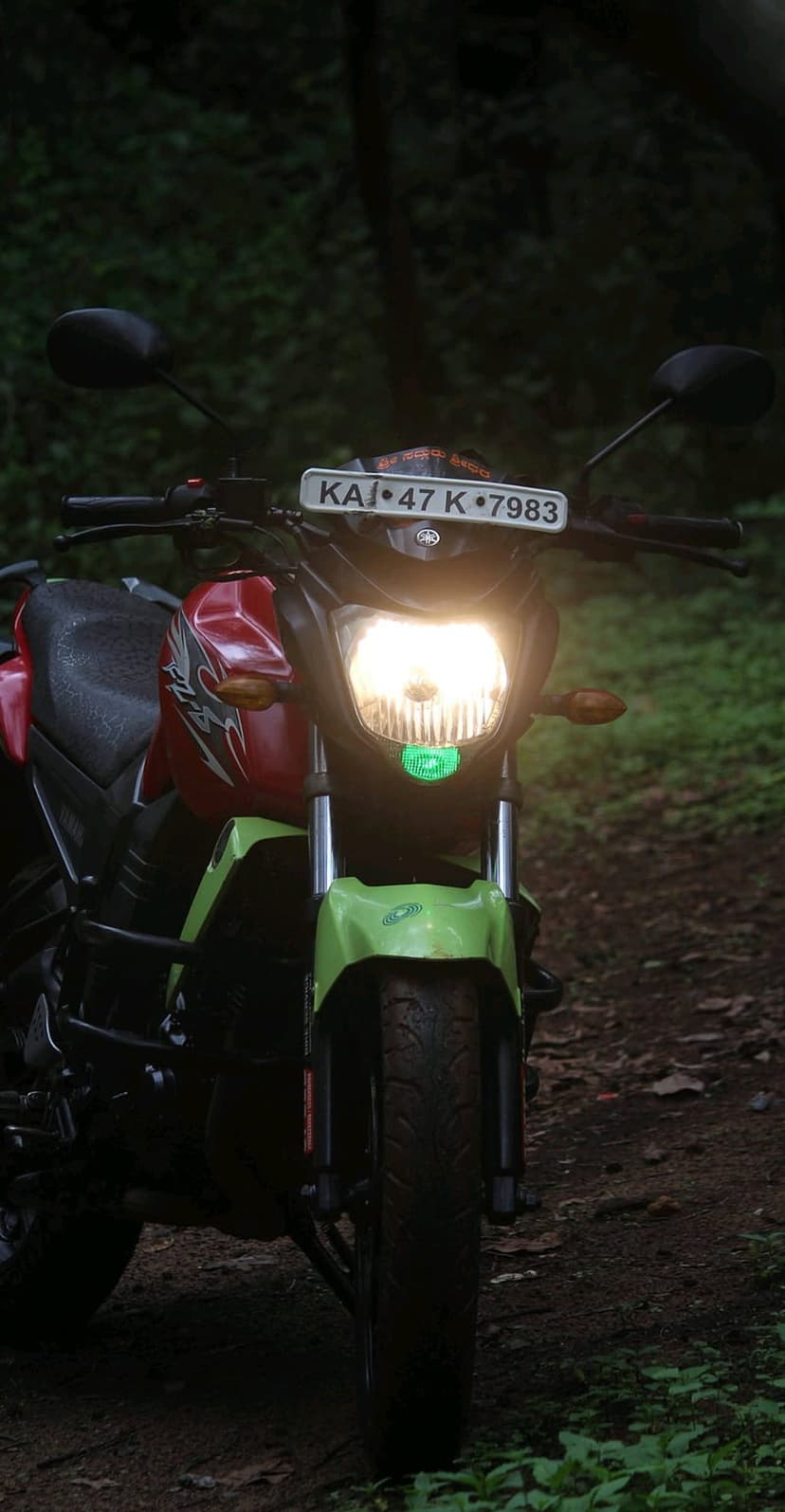 Yamaha motorcycle with glowing headlights parked on a dirt trail surrounded by dark green forest foliage.