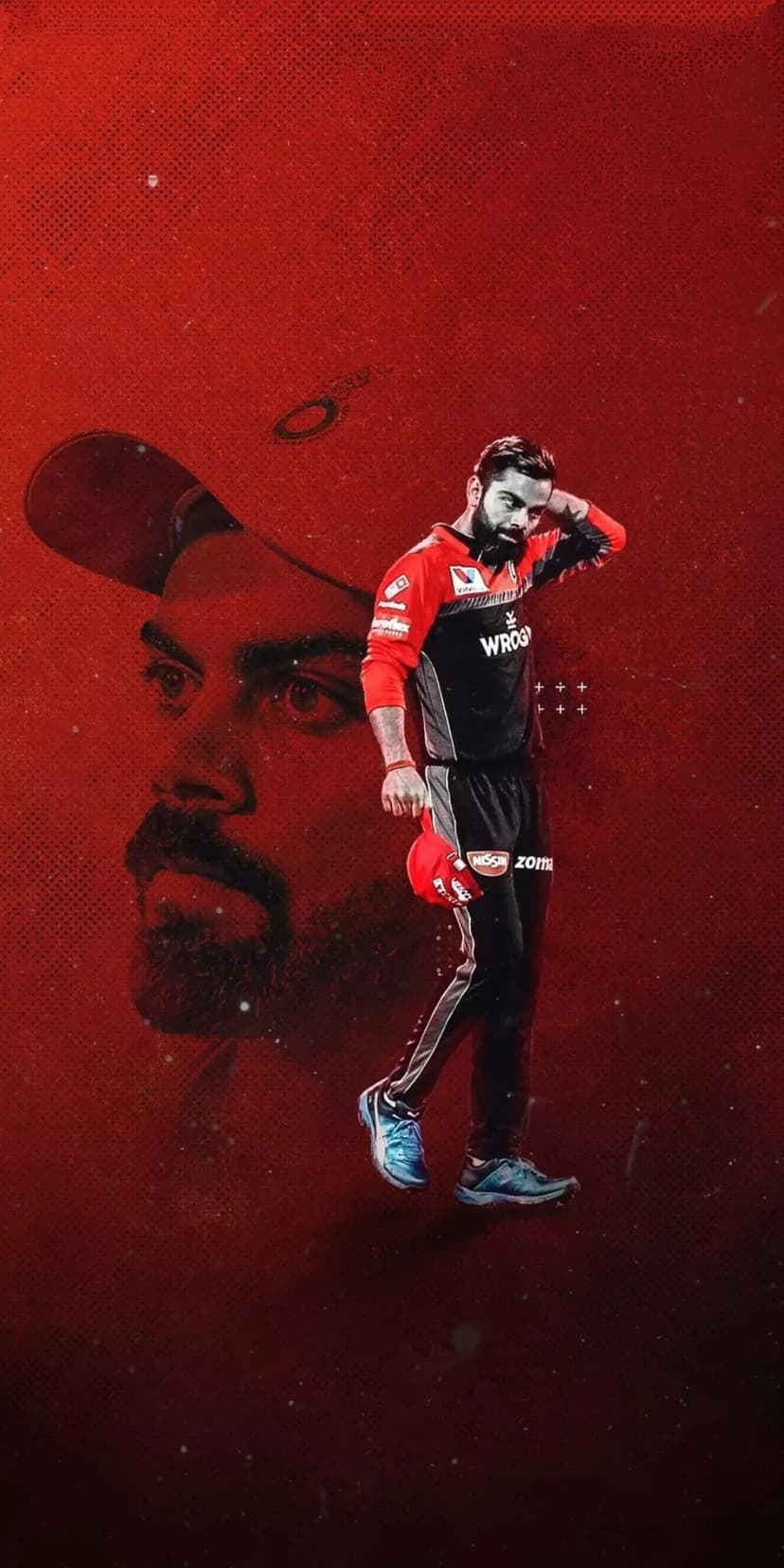 Virat Kohli in a red RCB jersey holds his cap against a stylized crimson background with a faint facial overlay.