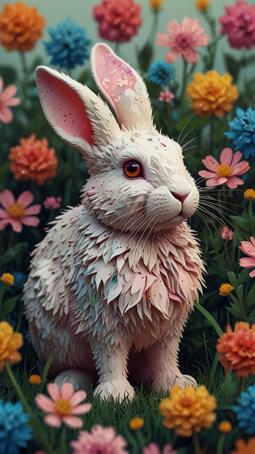 White rabbit with soft fur and curious eyes sitting in a meadow of pink, yellow, and blue spring wildflowers.
