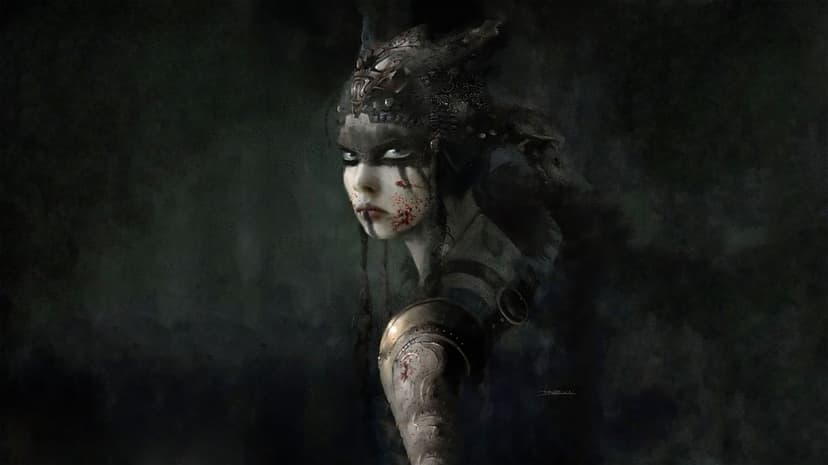 Dark-haired warrior with blue eyes, black war paint, and blood splatters wearing ornate horned headgear.
