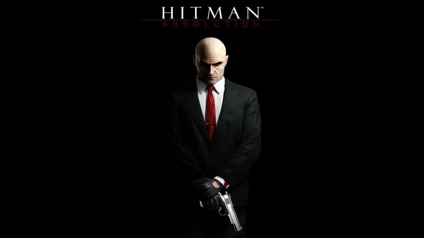 Agent 47 in a tailored black suit and red tie holding a silver pistol against a minimalist dark background.
