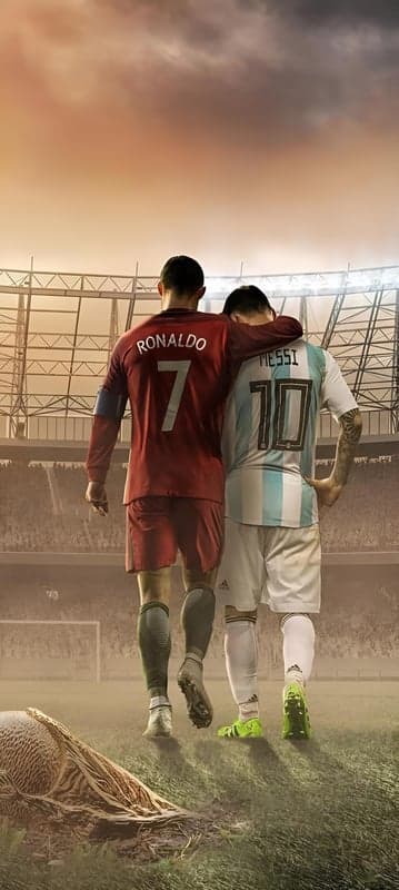 Ronaldo and Messi walking arm-in-arm on football field