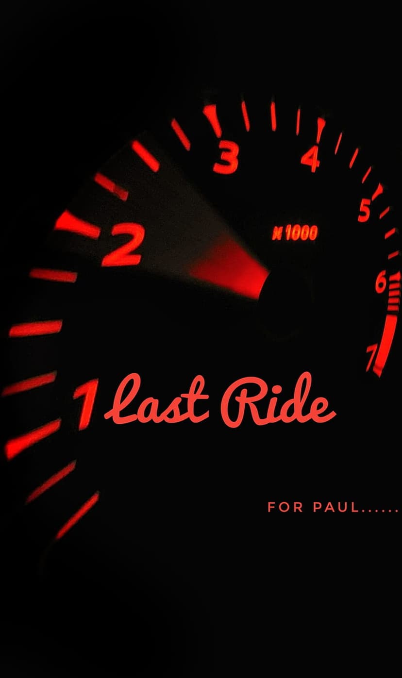 Car tachometer with a glowing red needle and memorial text on a dark dashboard for mobile screens.
