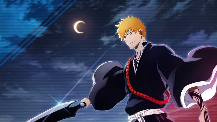 Ichigo Kurosaki under moonlit sky holding sword in dynamic pose featuring dramatic anime lighting and shadows.