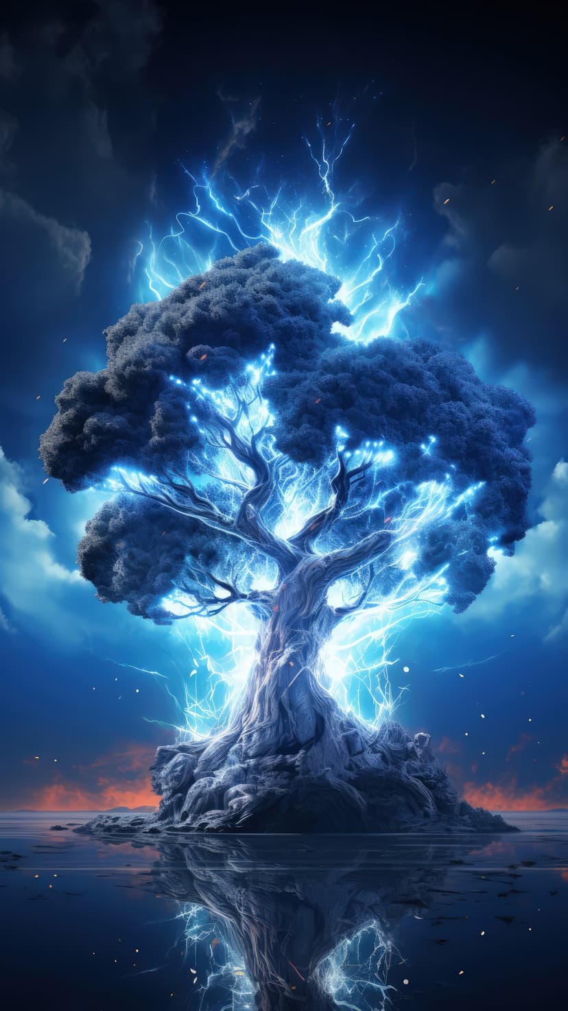 Gnarled tree pulsing with blue electric energy stands on a rocky island reflected in dark water under a storm.