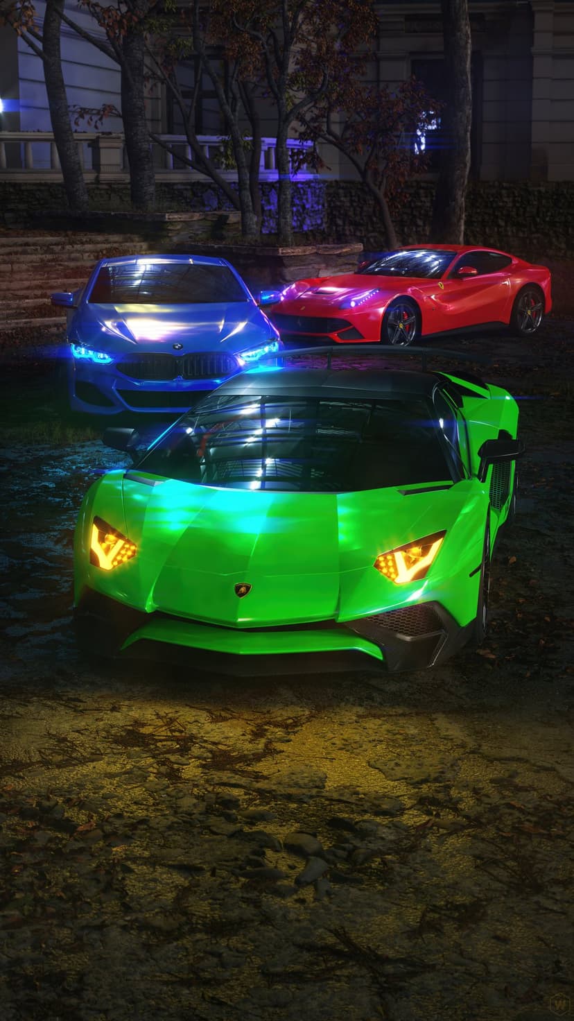 Green, red, and blue supercars parked on wet asphalt under glowing neon lights at night in a portrait alignment.