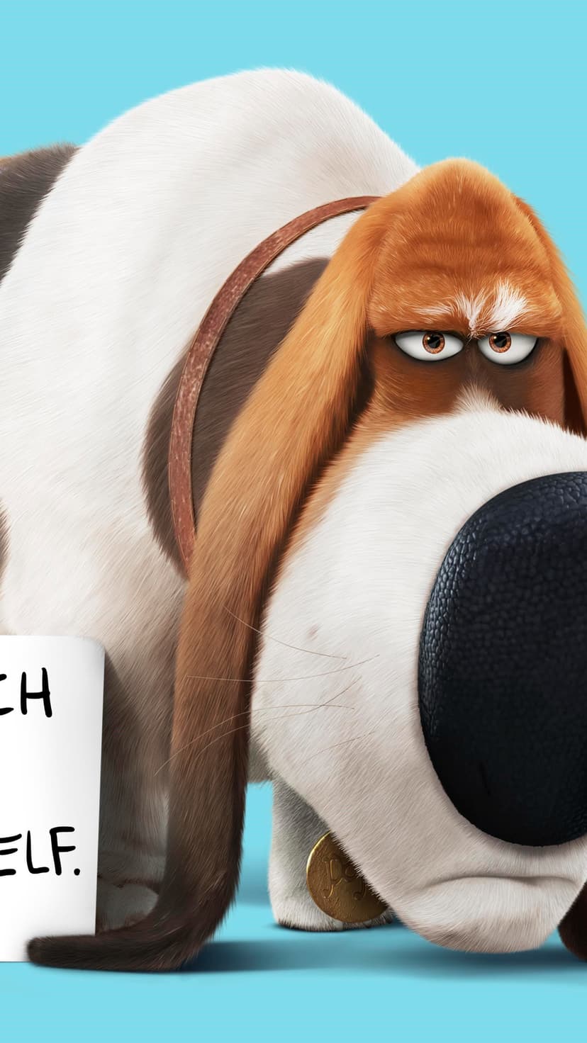 Duke the fluffy brown and white dog from Secret Life of Pets looks grumpy beside a white ceramic coffee mug.