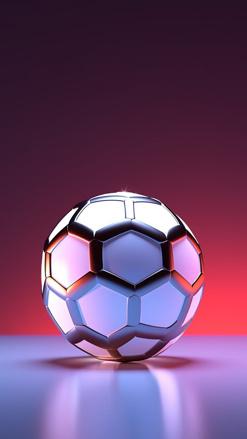 Metallic soccer ball with glowing blue hexagonal edges sits on a dark reflective surface with dramatic lighting.