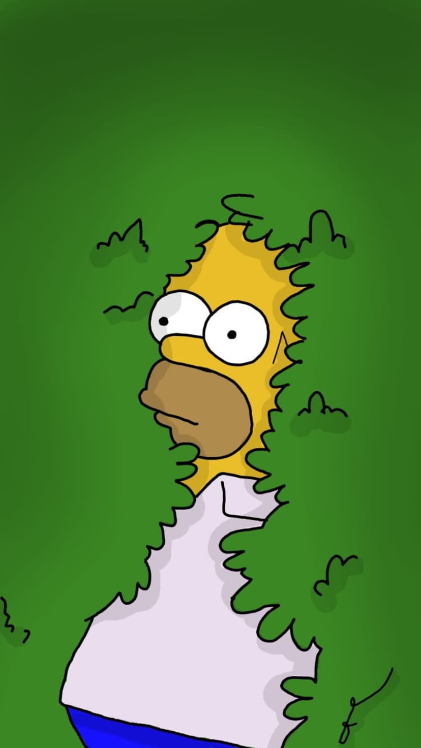 Homer Simpson peeks through dense green garden leaves with wide eyes and a surprised, comical facial expression.