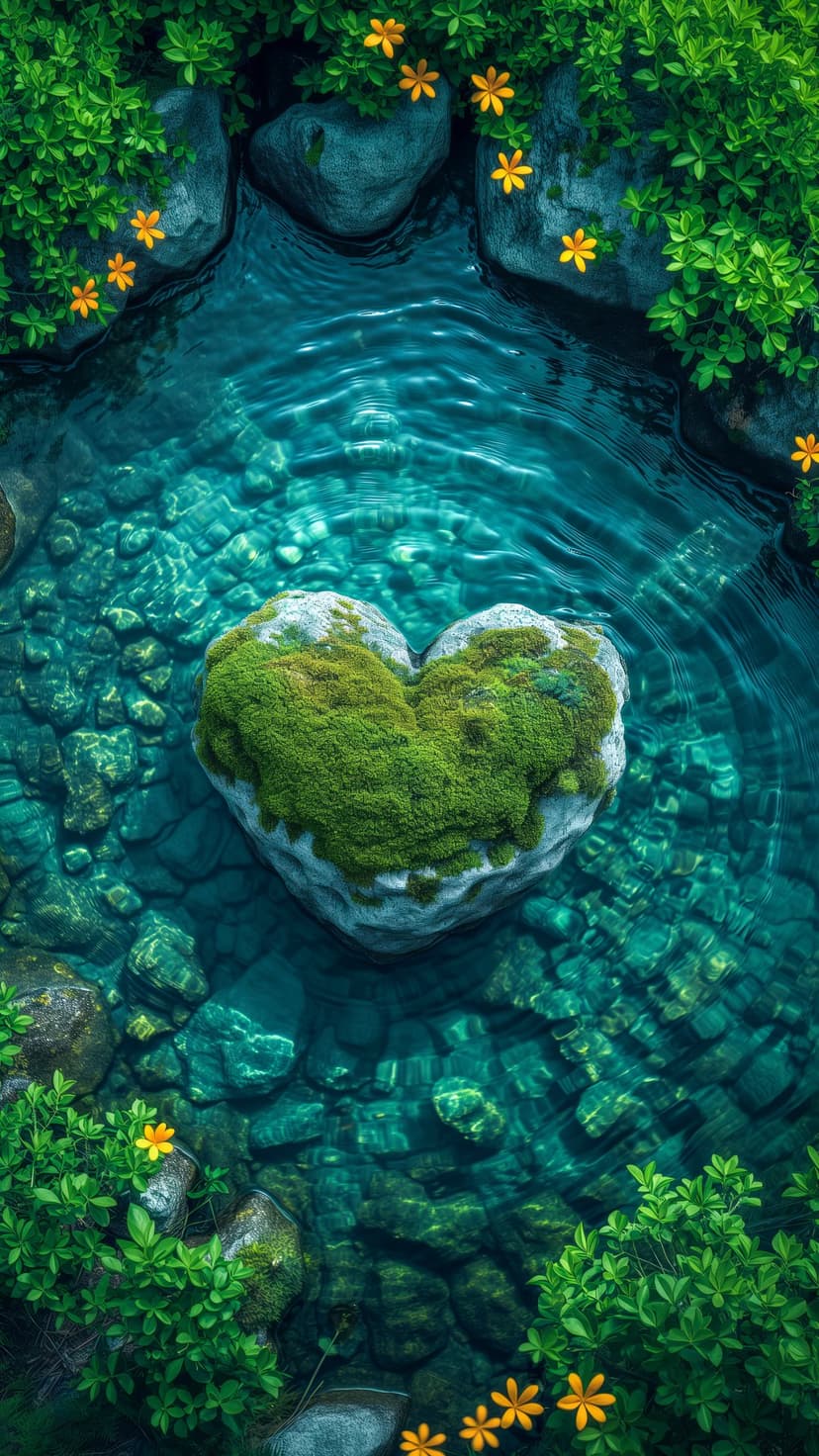 Mossy heart-shaped stone rests in a shallow sunlit creek with yellow wildflowers and lush green riverbank plants.