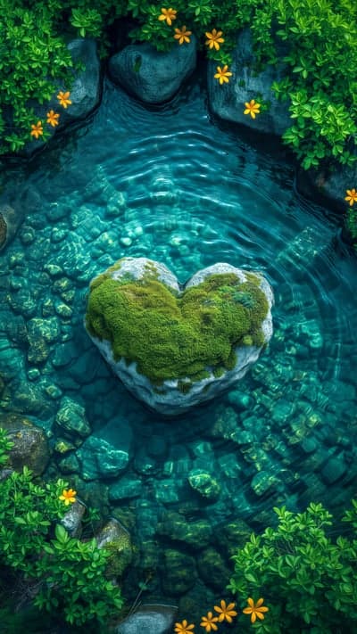Heart-shaped mossy rock in a clear, flowing stream