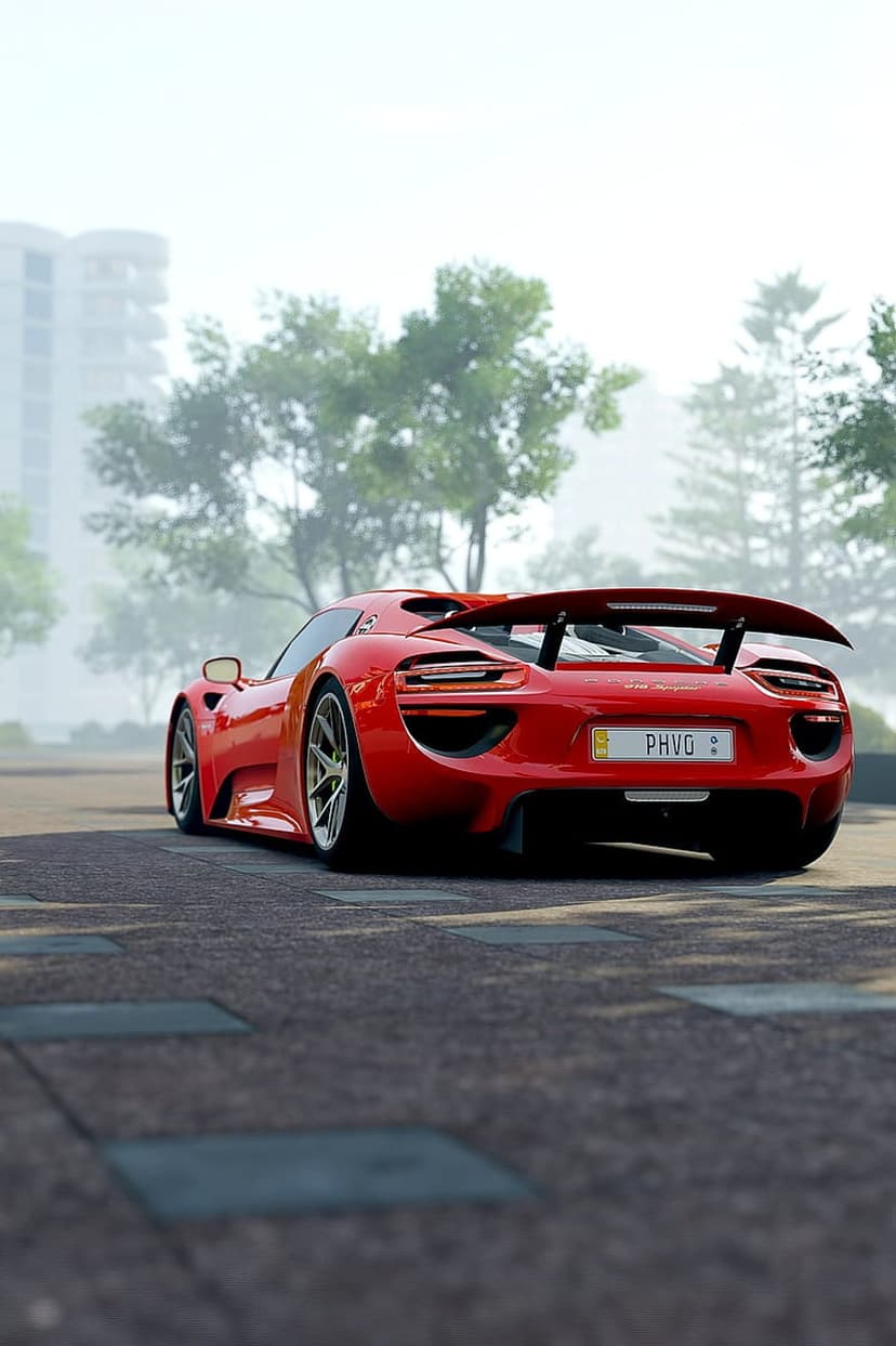 Porsche 918 Spyder rear showing the spoiler and license plate on a paved road with surrounding green trees.