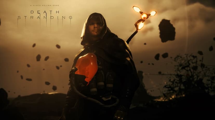 Higgs Monaghan in a black cloak holding a glowing orange BB pod against a backdrop of floating rocks.