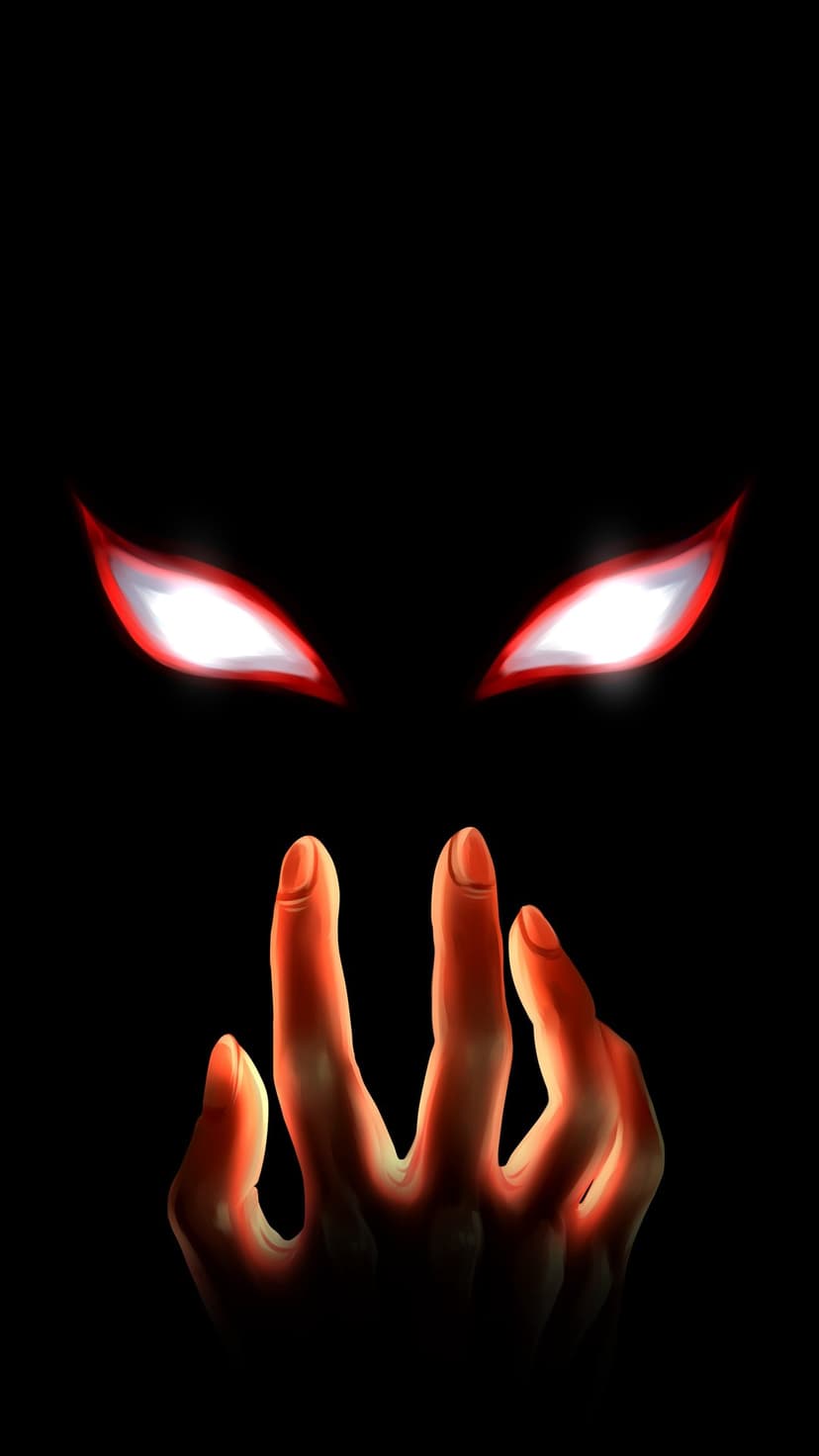 Two glowing red eyes with white pupils hover above a flaming orange hand reaching through pitch black shadows.
