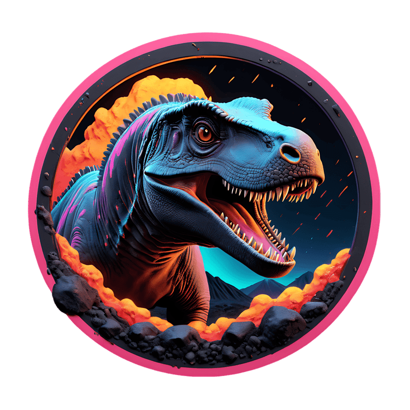 Tyrannosaurus rex profile with glowing magenta scales and blue skin emerges from orange lava mountains.