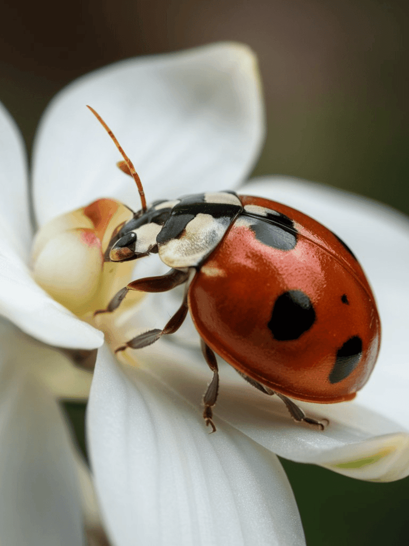 Red ladybug with black spots climbs a white flower petal against a soft, blurred green and cream background.