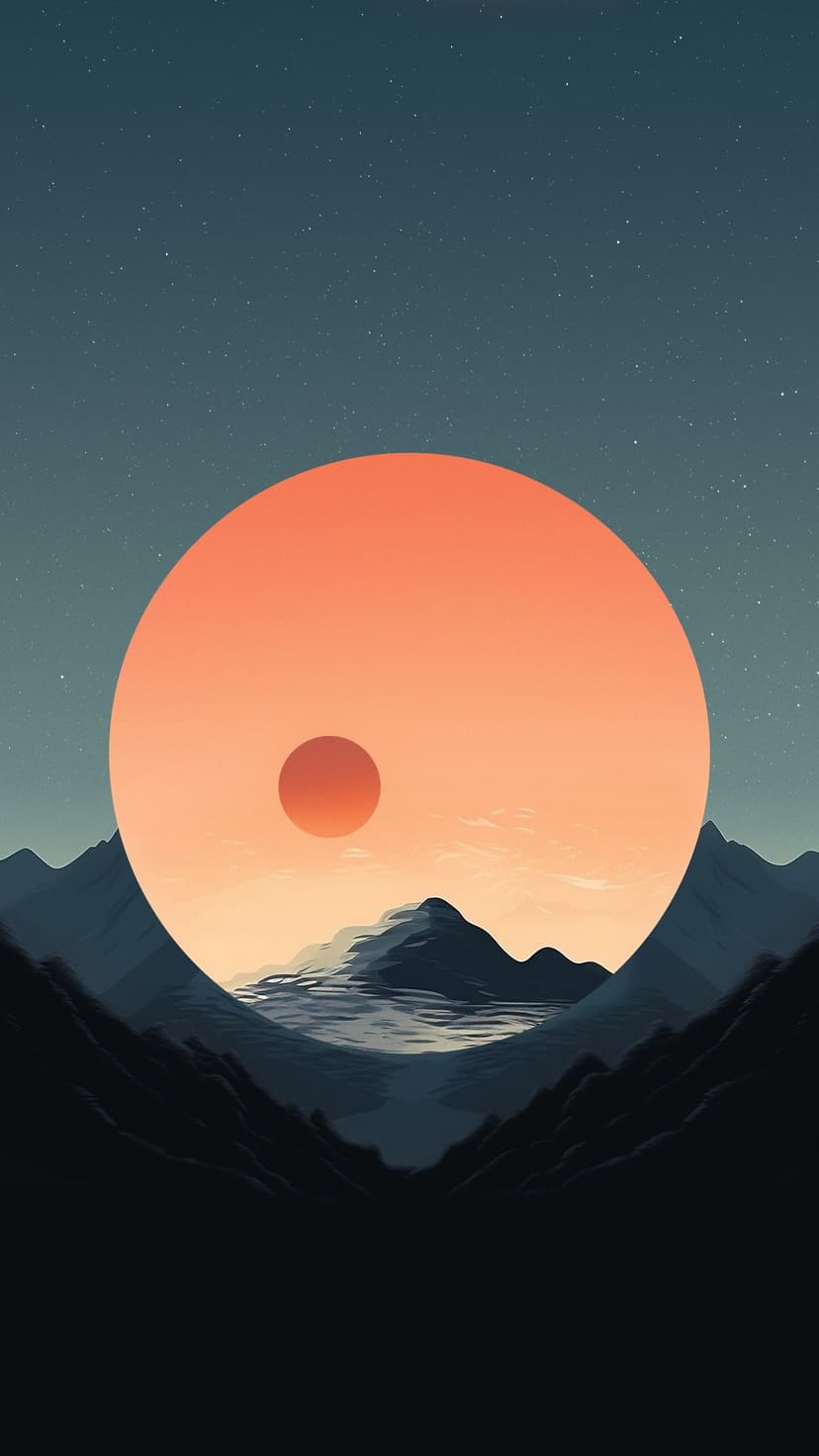 Large orange sun with a crimson center hangs over dark mountains and a calm lake under a starry night sky.