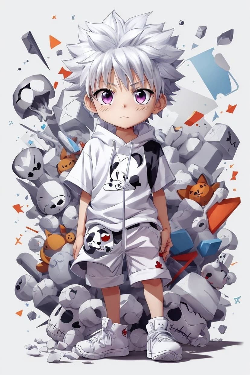 Anime boy with white spiky hair and purple eyes wearing a panda hoodie amidst abstract skulls and shapes.