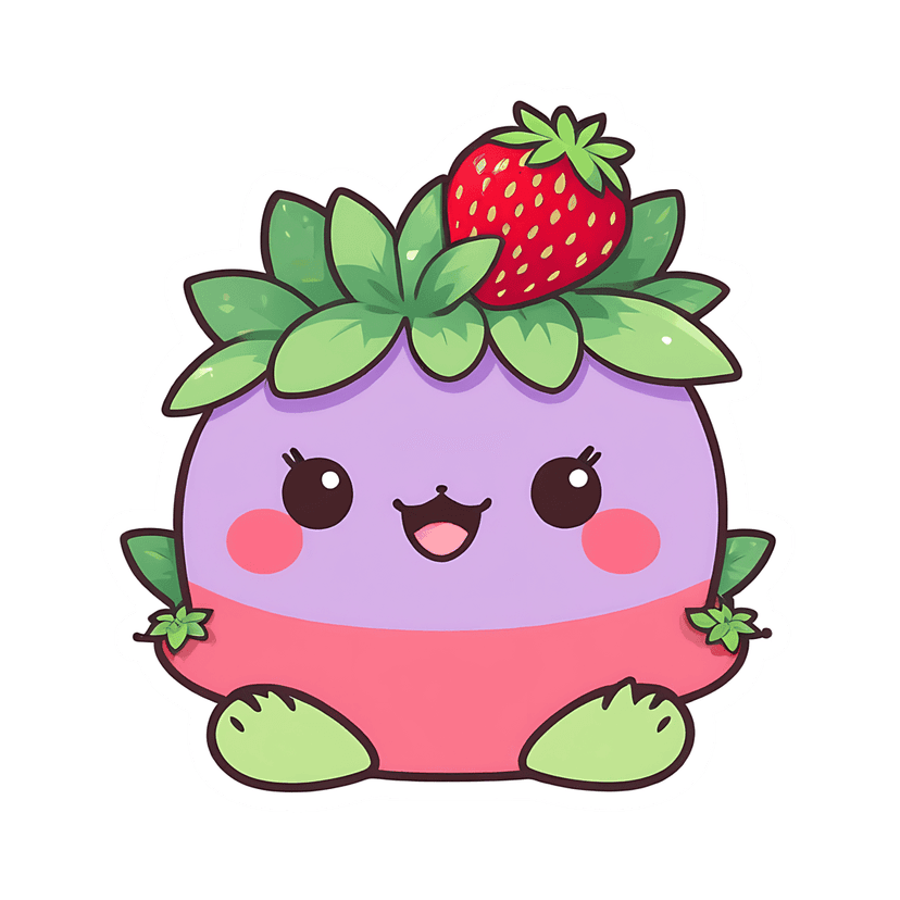 Strawberry character sticker with purple body and green leaves featuring a glossy finish and white border.