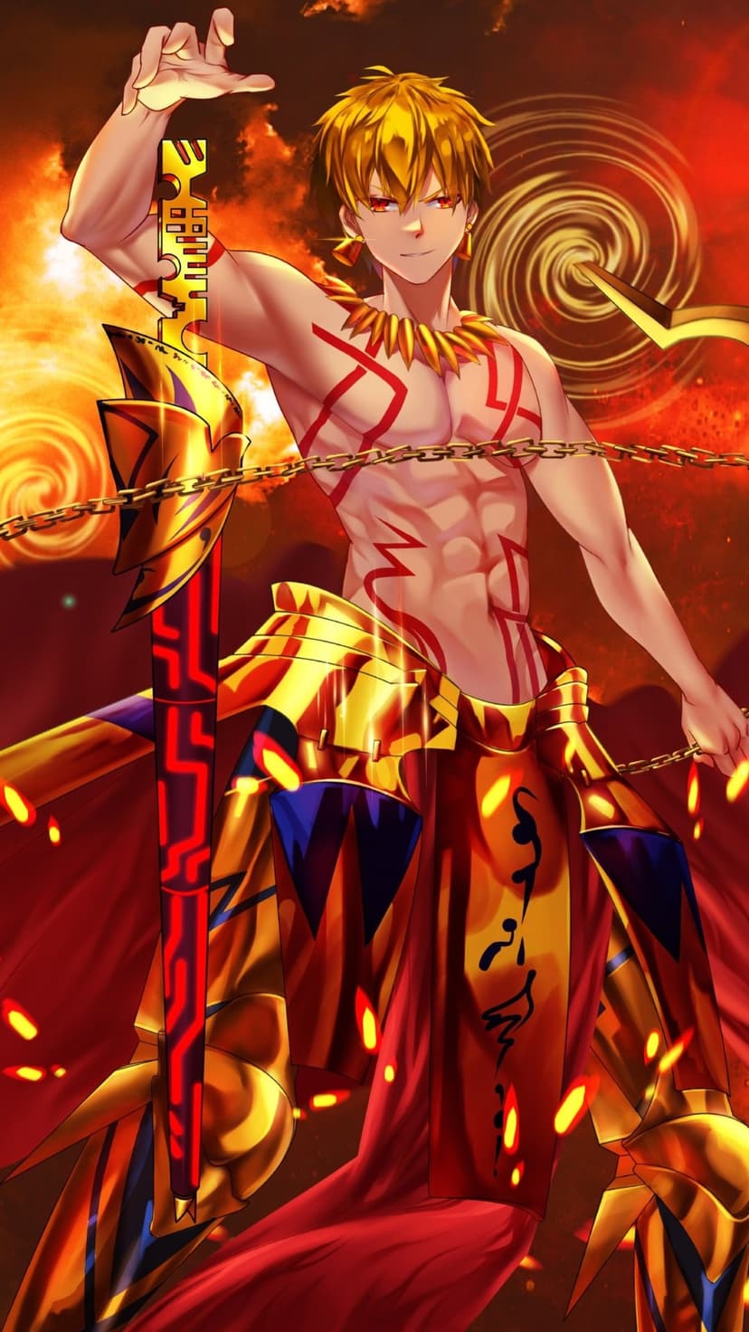 Gilgamesh wears golden armor and red tattoos while holding a glowing sword against a backdrop of fiery embers.