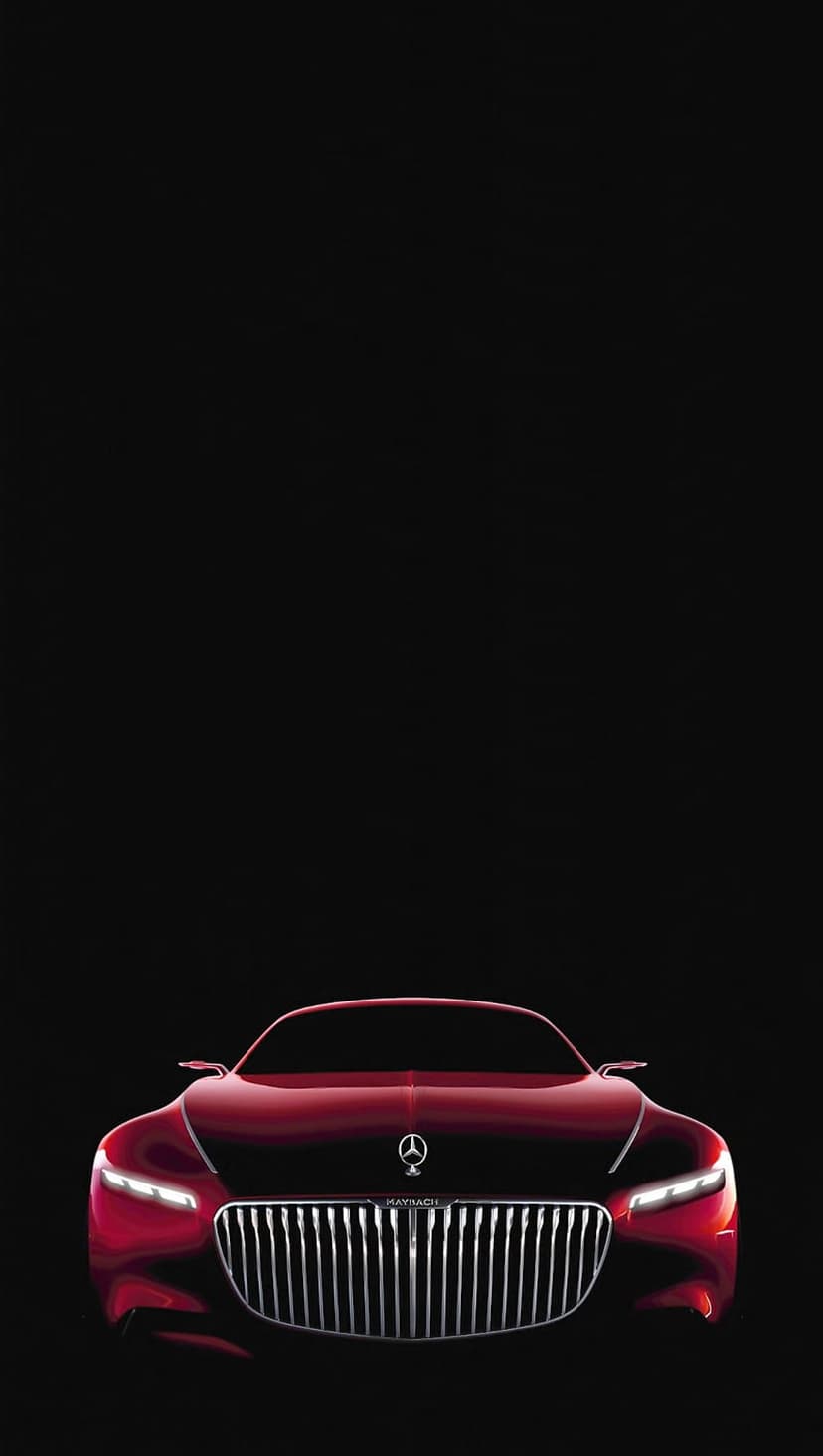 Red Maybach concept car with a chrome grille and glowing headlights centered against a solid black background.