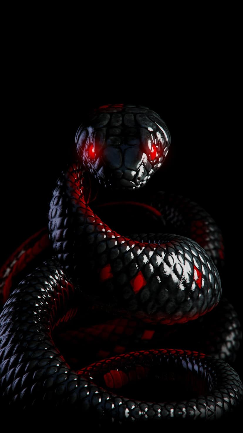 Black coiled snake with iridescent scales and glowing crimson eyes staring forward from a pitch-black background.