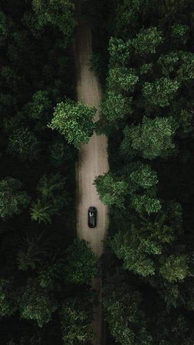 Aerial View of Black Car on Winding Forest Road Wallpaper