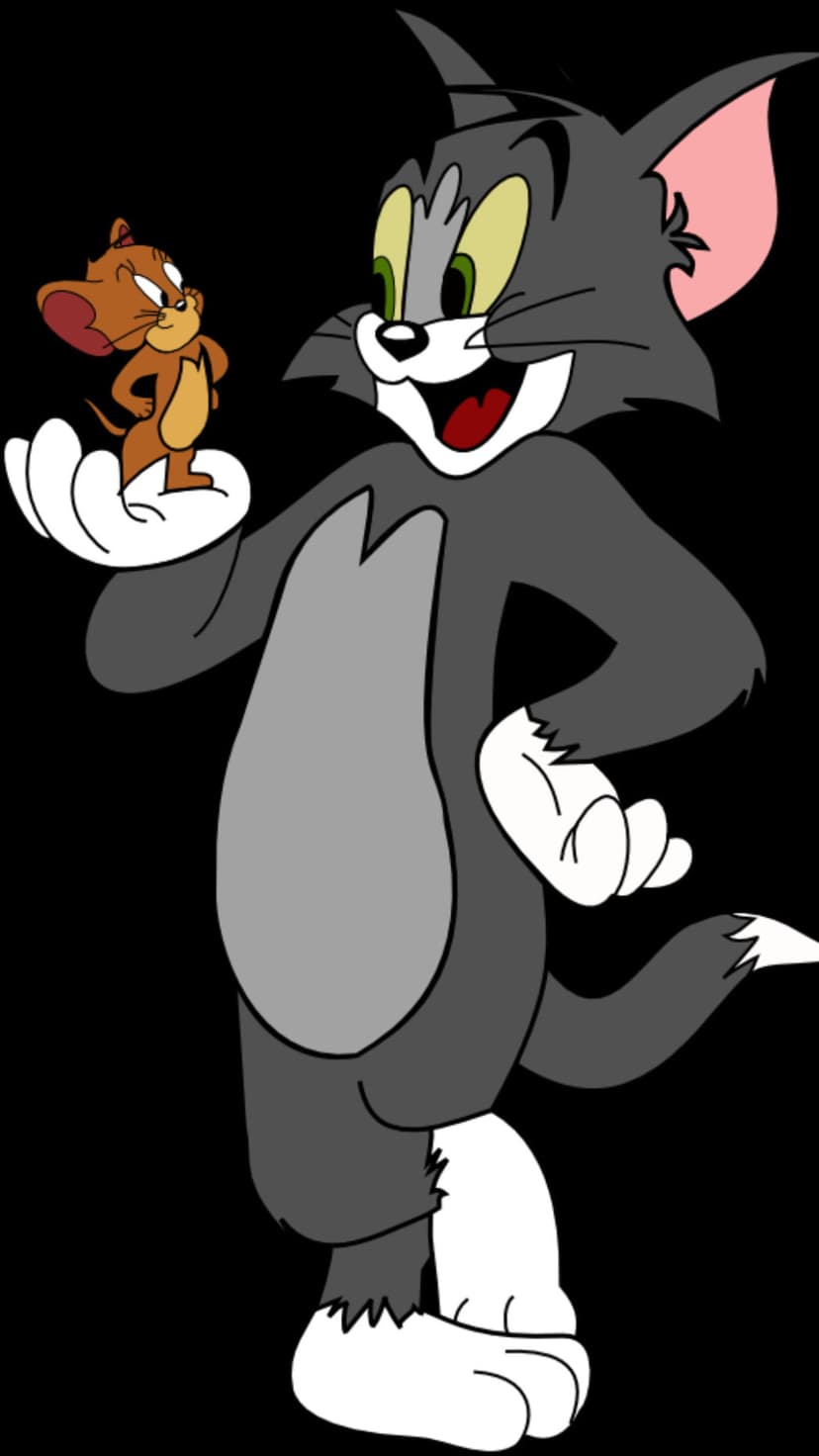 Tom the grey cat holds Jerry the brown mouse with a mischievous expression against a solid studio background.