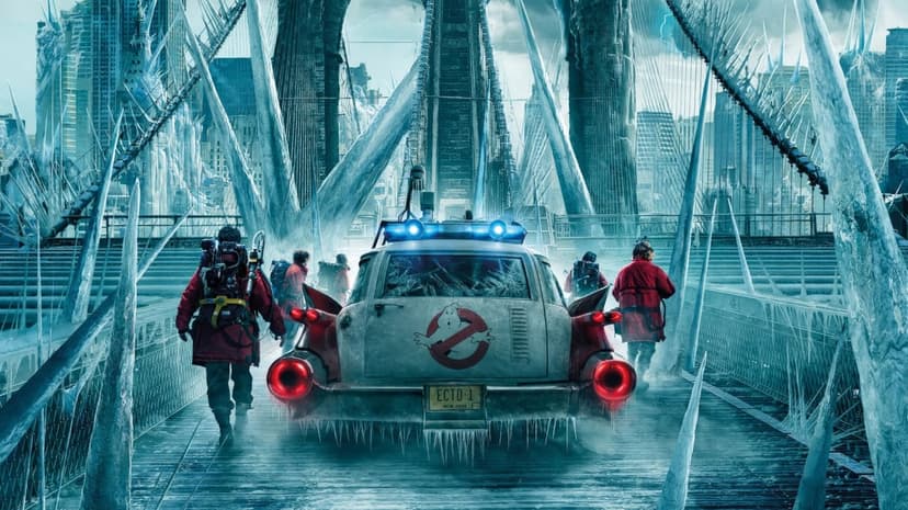 Ghostbusters frozen cityscape features characters standing amidst blue ice shards and a frosty winter environment.