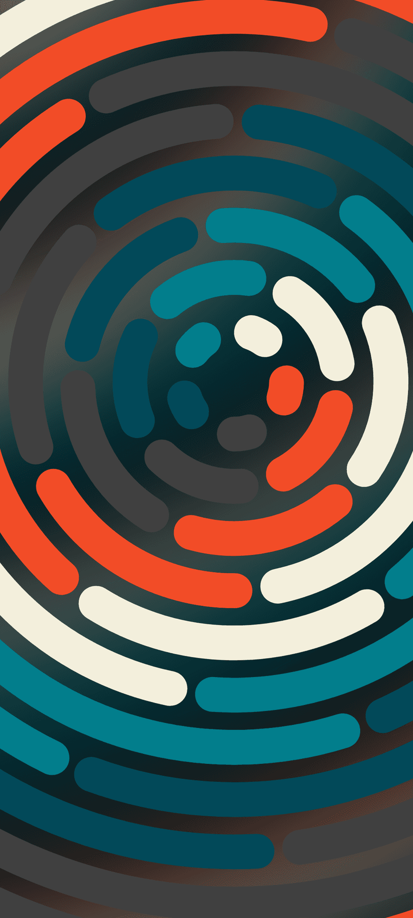 Concentric orange and teal circular segments overlap against a dark textured surface in a vertical arrangement.