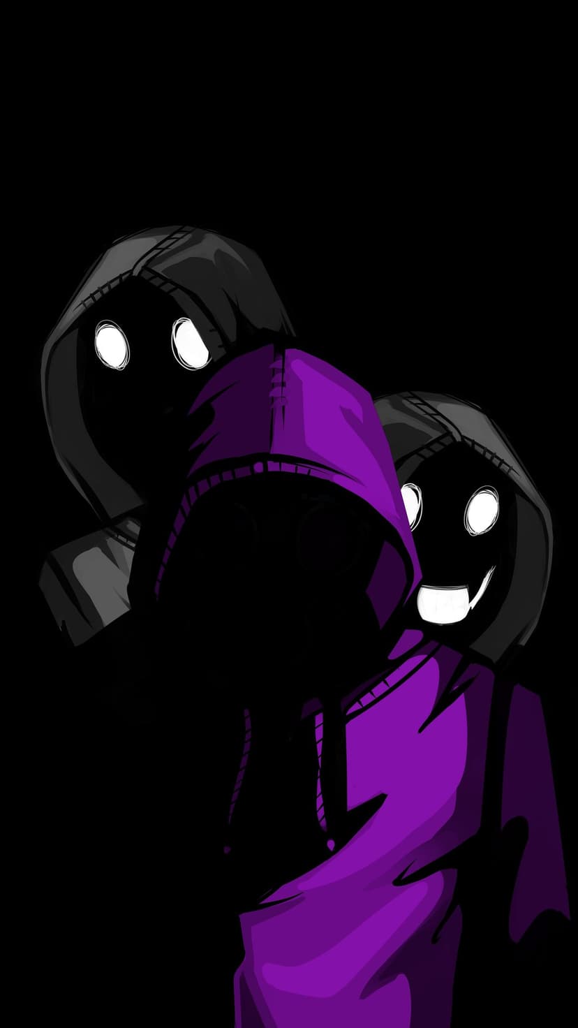 Three hooded figures stand against a black void, featuring glowing white eyes, sharp teeth, and a purple cloak.