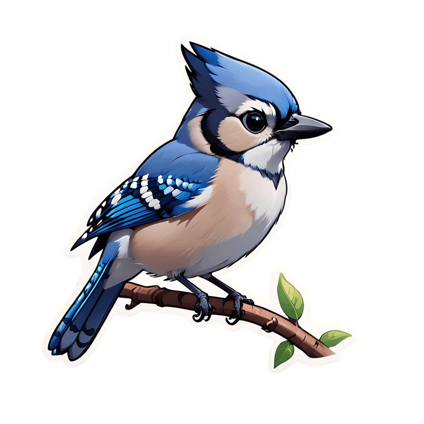 Blue jay bird sticker illustration features a profile view perched on a leafed branch with a white border.