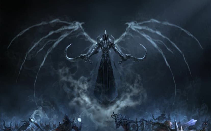 Hooded dark angel with skeletal smoke wings holding scythes above demonic figures with glowing red eyes.