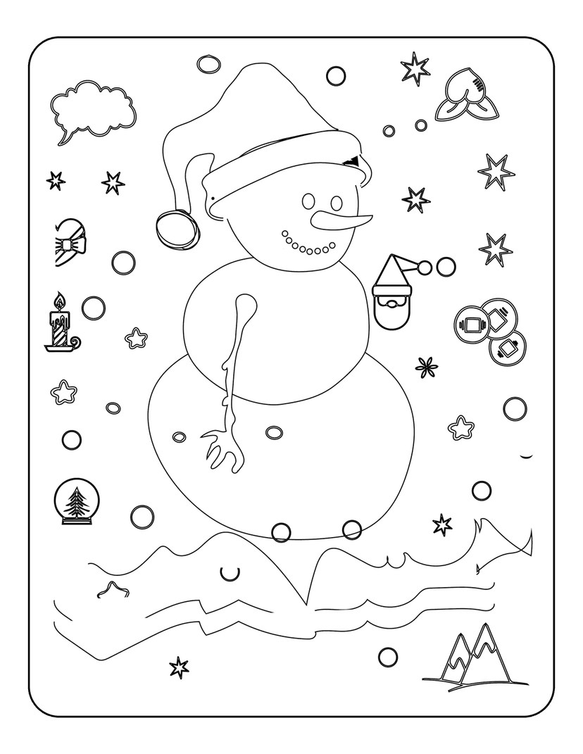 Christmas snowman coloring page with Santa hat surrounded by stars candle snow globe and coins in line art style.