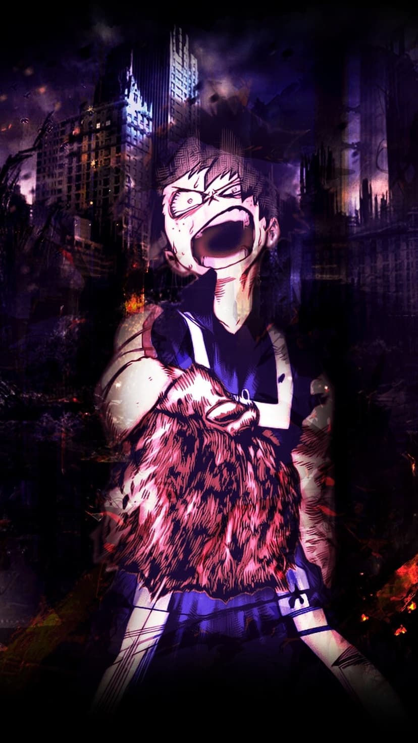 Izuku Midoriya screams with glowing red energy veins and green hair amidst a dark, gritty cityscape.